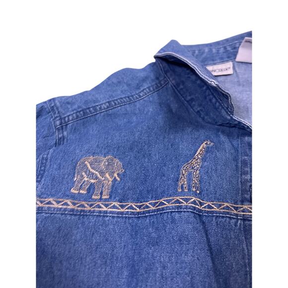 Cabin Creek Denim Safari Shirt Women’s Large Embroidered Animals - Picture 4 of 6